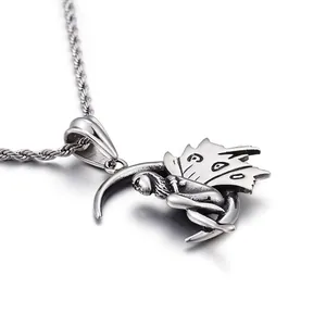 Vintage Fairy Sitting On Crescent Moon Pendant Stainless Steel Angel Wings Mystery Jewelry Gift