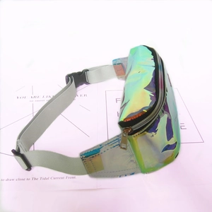Detail of laser silver holographic waist bag with adjustable strap and metallic zipper