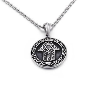 Silver Hamsa Hand and Star of David pendant necklace with round vintage engraving detail