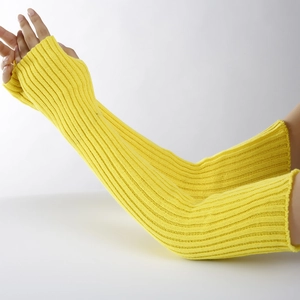 Long yellow knitted fingerless arm warmer with vertical rib texture for winter warmth