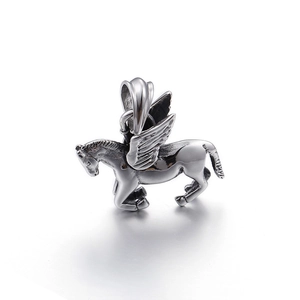 Polished silver stainless steel winged pegasus pendant for men in professional studio view