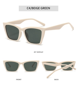 Three-way view of cat eye sunglasses in beige C4 frame with dark green polarized lenses