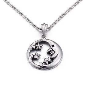 Minimalist silver stainless steel necklace featuring moon and stars pendant with rope chain