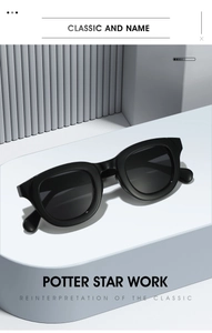 Detail of premium black thick frame sunglasses on minimalist studio platform display