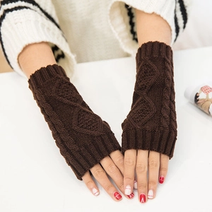Cozy brown cable knit fingerless gloves for winter with diamond pattern textures