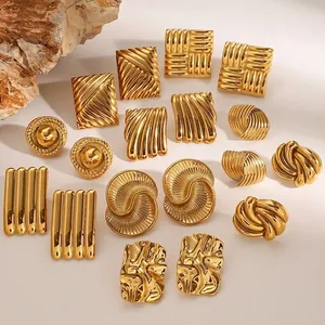 Stainless Steel Geometric Stud Earrings Gold Plated Textured Chunky Vintage Minimalist Boho Hypoallergenic Jewelry For Women