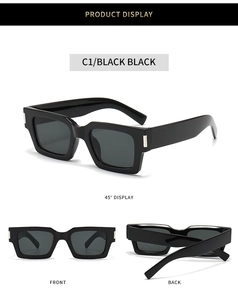 Detailed views of chunky black square sunglasses featuring silver metal side accents