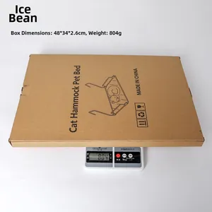 Foldable cat hammock in package box showing dimensions 48x34x2.6cm and 804g weight