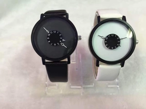 Detail view of two minimalist watches with unique rotating numeric dials and leather bands