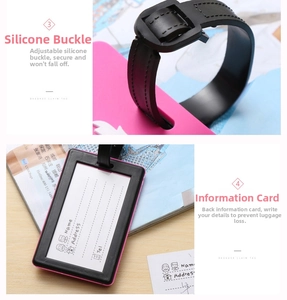 Détail de l'étiquette à bagages en silicone rose avec sangle réglable et fente pour carte
