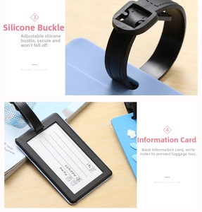 Detail of adjustable silicone strap and paper ID info card on back of travel luggage tag