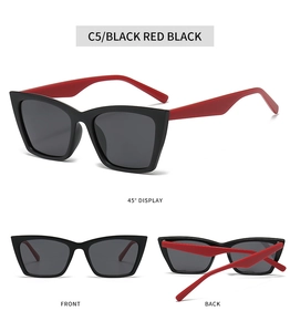Detailed views of cat eye sunglasses in black and red contrast frame from three angles