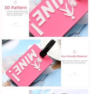 Détail de l'étiquette à bagages en silicone rose 3D avec texte MINE blanc en relief