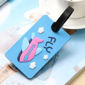 Sky blue PVC luggage tag with pink cartoon airplane and adjustable black strap