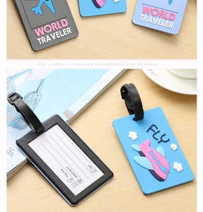 Detail of the information card and adjustable strap on the cartoon airplane luggage tag
