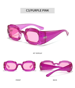 Detailed views of purple pink Y2K pumpkin style sunglasses with thick bubble frames