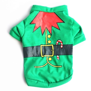Close-up of green cotton Christmas dog T-shirt with elf collar and belt prints