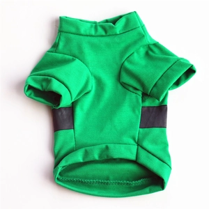Detailed top view of green and black cotton dog T-shirt with knit texture and short sleeves