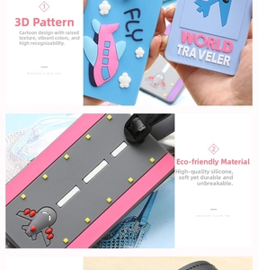 Detail of embossed PVC luggage tag with 3D airplane, clouds, and World Traveler text