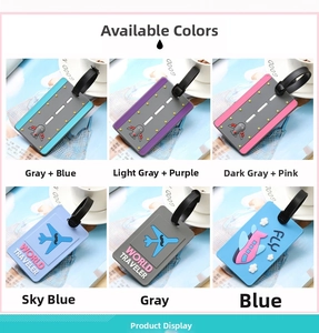 Detail of colorful PVC airplane luggage tags in a travel lifestyle setting with coffee