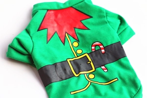 Close-up of green cotton Christmas elf pet t-shirt with red collar and belt detail