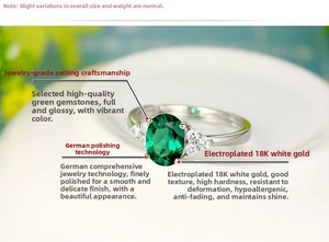 Detailed macro view of oval green emerald ring with 18K white gold plating and zircon accents