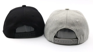 Rear view of black and grey hip hop baseball caps with adjustable snapback closures