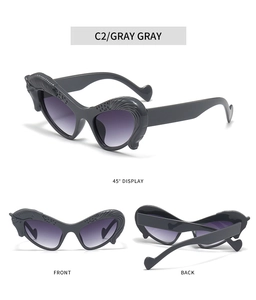 Three-way view of gray winged pegasus sunglasses showing front back and side details