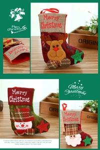 Detailed close-up of festive Christmas stockings with reindeer and snowman character motifs