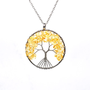 Detail view of handmade silver Tree of Life pendant with yellow crystal stone chips