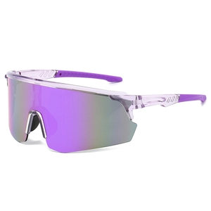 Cycling sunglasses with purple mirrored lenses and a translucent frame for outdoor sports