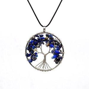 Close-up of Tree of Life pendant featuring silver wire weaving and blue natural stones