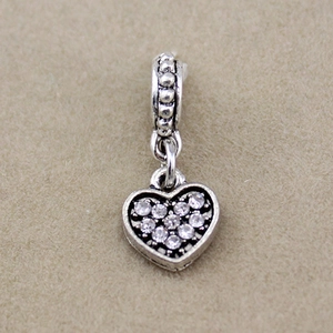 Polished silver heart pendant with sparkling rhinestones for DIY beaded jewelry
