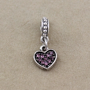 Retro silver heart charm bead for bracelets with purple rhinestones and beaded texture