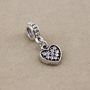 Silver heart pendant bead with sparkling crystals and antique finish for DIY bracelets