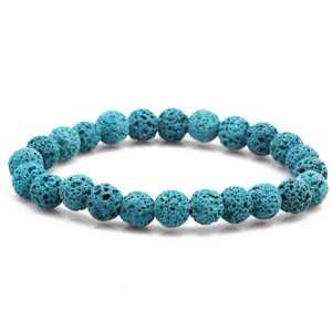 Blue volcanic stone beaded bracelet featuring natural 8mm lava rock beads on a white surface