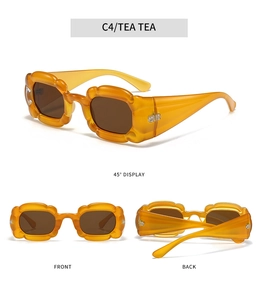 Detailed multi-angle views of amber pumpkin-shaped Y2K sunglasses with wave frame