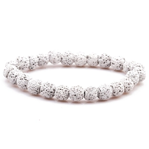 Detailed view of 8mm white lava stone beads showing natural porous texture on elastic bracelet