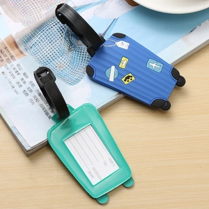 Blue and mint green PVC luggage tag set with adjustable straps and contact info fields