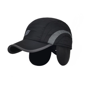 Men's winter black baseball cap with integrated ear flaps and reflective stripe detail