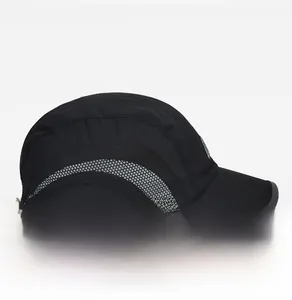 Side view of black quick-dry sport cap with grey mesh stripes and adjustable buckle