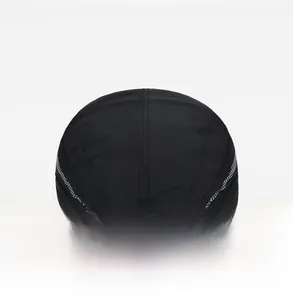 Rear view of black outdoor sports cap featuring adjustable plastic strap and reflective strip
