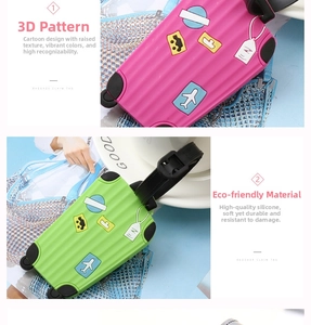 Close-up of 3D silicone luggage tags in pink and green with airplane and car patterns