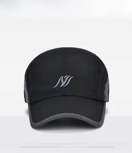 Front view of black sports baseball cap with grey mesh panels and silver wave embroidery
