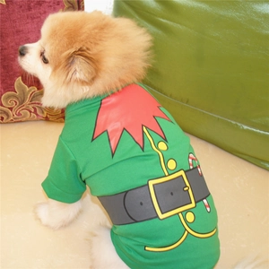 Close-up of green Christmas elf dog T-shirt with candy cane print on a pet dog