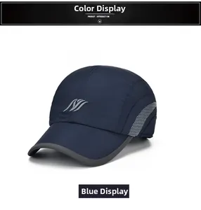 Detail of dark blue quick-dry baseball cap with grey honeycomb breathable mesh side panels