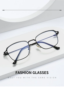 Detail shot of black slim metal square frame glasses with anti-blue light clear lenses