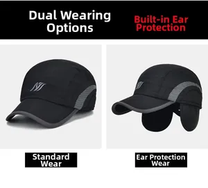 Men's winter baseball cap detail showing earflaps unfolded for thermal protection