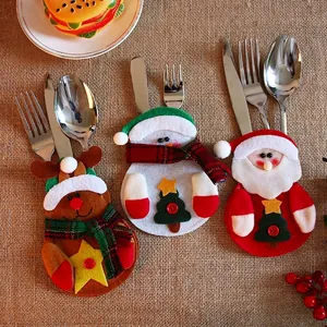 Christmas Cutlery Holder Flannel Non-Woven Fabric Santa Claus Snowman Reindeer Table Tableware Bag For Holiday Dinner Party Decor