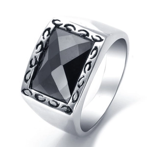 Detail of silver titanium ring featuring a black rectangular faceted stone with horse-shoe motifs